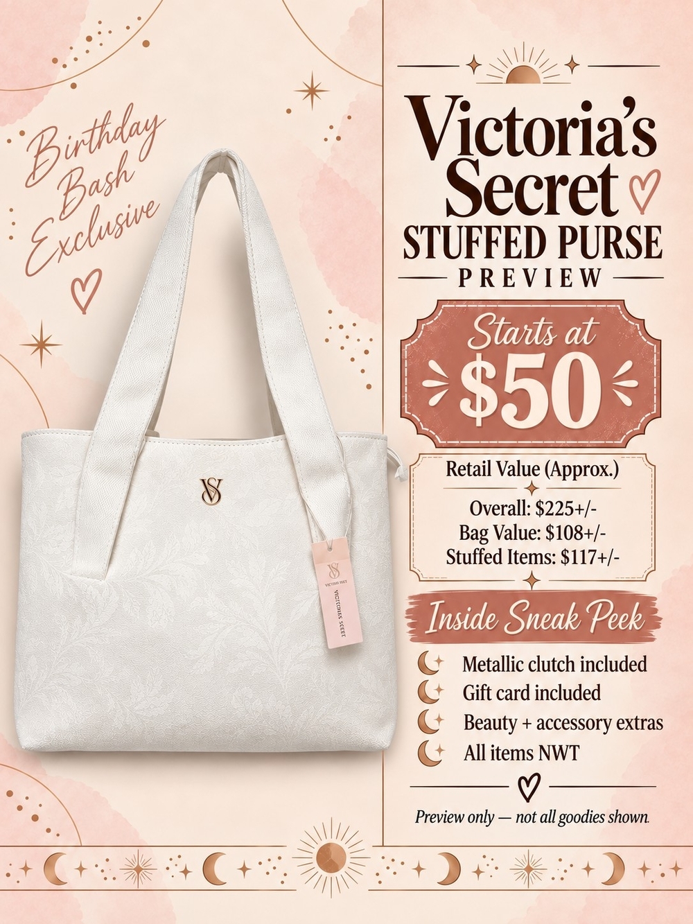 Victoria's Secret White Floral Tote Stuffed Bag - Birthday Bash Exclusive